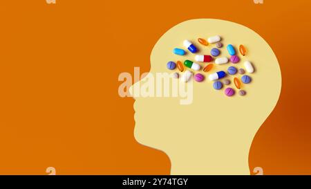 Illustrazione concettuale che mostra i farmaci che mirano al cervello umano per trattare i disturbi neurologici. Foto Stock
