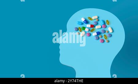 Illustrazione concettuale che mostra i farmaci che mirano al cervello umano per trattare i disturbi neurologici. Foto Stock