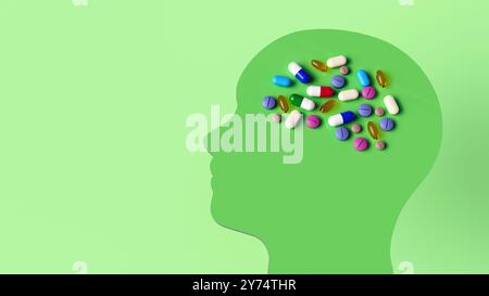 Illustrazione concettuale che mostra i farmaci che mirano al cervello umano per trattare i disturbi neurologici. Foto Stock