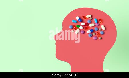 Illustrazione concettuale che mostra i farmaci che mirano al cervello umano per trattare i disturbi neurologici. Foto Stock