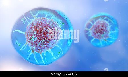 L'illustrazione concettuale raffigura la terapia oncologica con idrogel, che mostra la somministrazione di molecole di farmaci antitumorali attraverso un idrogel (blu) a una cellula tumorale (rosso). Gli idrogel sono materiali bifasici emersi come un trasportatore unico per i sistemi di somministrazione dei farmaci nella terapia oncologica. Sono in grado di fornire quantità controllate e sostenute di farmaci antitumorali alle cellule tumorali. Foto Stock