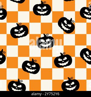 Halloween Trippy carta da parati a scacchi. Scacchiera psichedelica. Sfondo scanalato. Illustrazione vettoriale hippie in stile Y2K. Vintage distorto Illustrazione Vettoriale