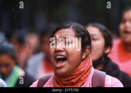 Protesta per la domanda giustizia alle vittime di Ayotzinapa dopo 10 anni Uno studente rurale che ha partecipato durante una protesta a sostegno dei genitori degli studenti rurali vittime di chiedere giustizia durante il decimo anniversario per la scomparsa forzata dei 43 studenti della Scuola rurale normale Raul Isidro Burgos di Ayotzinapa, nel 2014 a Iguala, Guerrero. Il 26 settembre 2024 a città del Messico, Messico. Foto di Carlos Santiago/ Eyepix Group. Città del Messico CDMX Messico Copyright: XCarlosxSantiagox Foto Stock