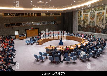 New York, NY, USA, 27 settembre 2024: Panoramica della riunione del Consiglio di sicurezza sulla situazione in Medio Oriente presso la sede delle Nazioni Unite a New York il 27 settembre 2024. Crediti: Lev Radin/Alamy Live News Foto Stock