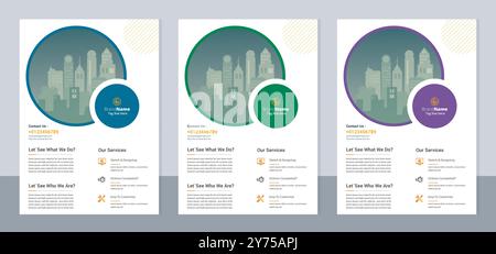 Set di 3 opuscoli con variazioni di colore, brochure che illustrano il layout moderno, report annuale, poster, modello di opuscolo, formato lettera e a4. Illustrazione Vettoriale