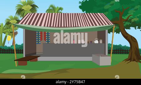 Design con bancarelle da tè del villaggio. Negozio asiatico con animazione su cartoni animati con alberi, finocchi e cespugli Illustrazione Vettoriale