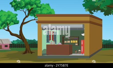Negozio di alimentari del villaggio indiano vicino alla strada sterrata sotto un grande albero vettoriale per l'animazione dei cartoni animati. Villaggio indiano. Negozio di villaggio asiatico Illustrazione Vettoriale