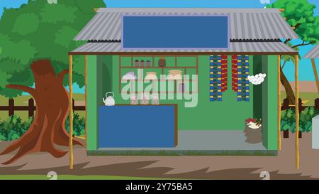 Bancarelle da tè del villaggio indiano landscape.grocery negozi sfondo per animazioni di cartoni animati Illustrazione Vettoriale