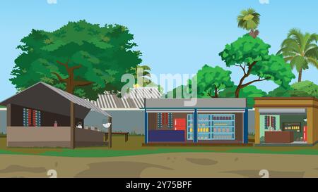 Mercato del villaggio indiano. Negozio di alimentari Village Market. Bazar del villaggio asiatico con negozio di alimentari, chiosco per il tè, alberi, case e un muro di mattoni in un campo verde Illustrazione Vettoriale