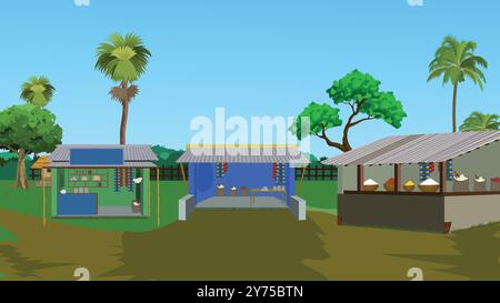 Mercato indiano del villaggio. Paesino del mercato. Design del mercato rurale asiatico per l'animazione dei cartoni animati Illustrazione Vettoriale