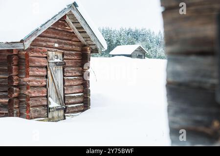 Un vecchio fienile di legno sorge tranquillamente in un campo innevato, incorniciato da un tranquillo paesaggio invernale. Gli alberi circostanti aggiungono un'atmosfera tranquilla a questo Swed Foto Stock