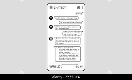 Messaggistica con chat bot ai interattiva su mockup dello schermo del telefono. Interfaccia utente dell'app sul modello dello smartphone. Illustrazione Vettoriale