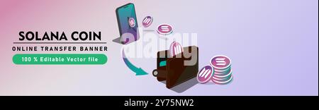 solana coin online su mobile , disegno di banner vettoriale. Flusso di capitale, guadagnare o fare soldi. Risparmi finanziari. moneta solana dal portafoglio al cellulare. Illustrazione Vettoriale