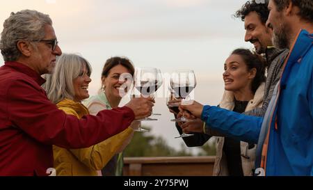 Un gruppo di amici di mezza età che si diverte a gustare vino rosso insieme all'aperto. Gente allegra che brinda con bicchieri di vino al tramonto, festeggiando la patatina fritta Foto Stock