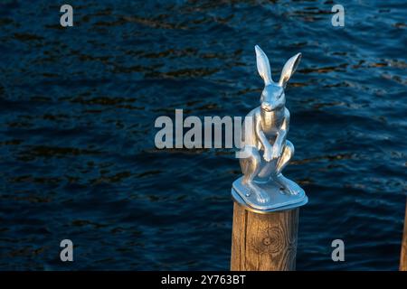 San Pietroburgo, Russia - 16 giugno 2024: monumento a una lepre salvata da un'inondazione nel mezzo dello stretto di Kronverksky Foto Stock