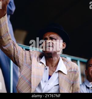 Begeistertes Publikum beim Pferderennen im Jockey Club de Sao Paolo (São Paulo), Brasilien um 1989. Foto Stock