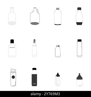 Set di icone piatte - biberon in vetro e latte, vettore di design Illustrazione Vettoriale