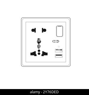 Connettore femmina per interruttore a parete multiplo a 2 vie tipo 86 con connettore femmina a 2 porte USB e indicatore luminoso, illustrazione vettoriale in stile Outline Illustrazione Vettoriale