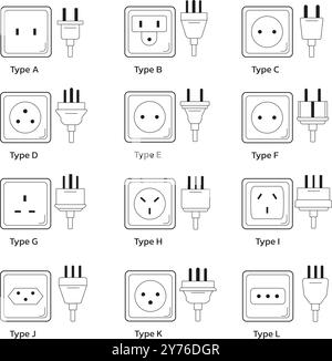 prese elettriche su sfondo bianco, dotate di un set diversificato di prese di alimentazione Illustrazione Vettoriale