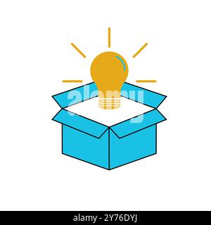 Scatola aperta con l'idea di un'icona piatta della lampadina e soluzione creativa Illustrazione Vettoriale