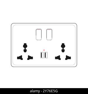 Connettore femmina universale universale internazionale, presa multipla a 3 fori, alimentazione a parete da pannello, due connettori femmina con doppio USB e interruttore Illustrazione Vettoriale