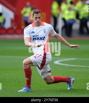 The City Ground, Nottingham, Regno Unito. 28 settembre 2024. Premier League Football, Nottingham Forest contro Fulham; Chris Wood del Nottingham Forest durante il riscaldamento pre-partita credito: Action Plus Sports/Alamy Live News Foto Stock