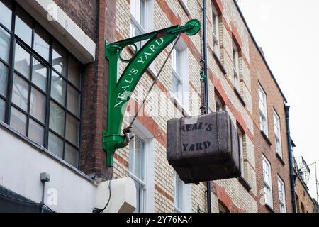 Londra, Regno Unito - 25 luglio 2024: Cortile Colurful Neals Yard. Neal's Yard è un piccolo vicolo nel Covent Garden di Londra. Popolare località turistica. Foto Stock