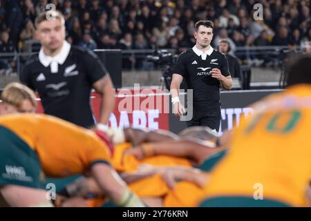 Wellington, nuova Zelanda. 28 settembre 2024. Tutto il nero intero si trova oltre lo scrum. Nuova Zelanda All Blacks vs Australia. Campionato di rugby, seconda prova della Bledisloe Cup. Wellington. Nuova Zelanda. La nuova Zelanda batte l'Australia 33-13 (HT 19-13). (Joe Serci/SPP) credito: SPP Sport Press Photo. /Alamy Live News Foto Stock