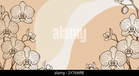 Banner artistico astratto con fiori di orchidea disegnati a mano Illustrazione Vettoriale