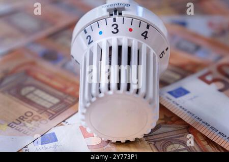 Heizungsventil mit Geldscheinen *** valvola di riscaldamento con banconote Nordrhein-Westfalen Deutschland, Germania GMS16768 Foto Stock
