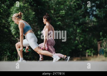 Due donne che fanno affondamenti con manubri in un parco soleggiato Foto Stock