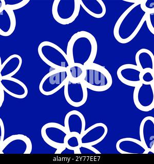 Fantasia senza cuciture e giocosa con doodle Daisy nei colori Blue Pen. Sfondo contemporaneo minimalista e alla moda in stile Matisse. Illustrazione Vettoriale
