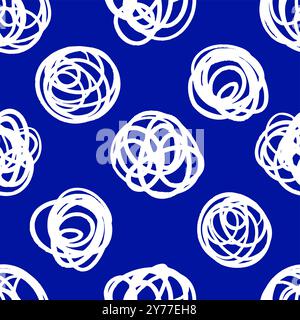 Motivo Doodle Curly Lines nei colori blu e bianco. Stampa elica astratta. Sfondo ingenuo e giocoso. Bambino, Doodle disegna. Illustrazione vettoriale. Illustrazione Vettoriale
