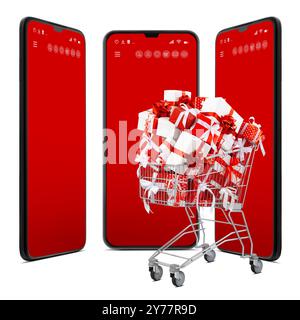 Carrello della spesa pieno di regali di Natale, scatole regalo rosse adornate con nastri, isolato su uno schermo vuoto dello smartphone. Banner per promozioni di vendita, Foto Stock