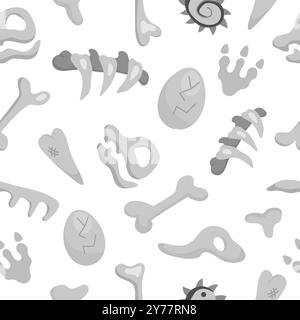 Ossa vettoriali di dinosauro, scheletri e crani senza cuciture. Carino sfondo fossile animale preistorico. Dino sepoltura e tombe carta digitale. A. Illustrazione Vettoriale
