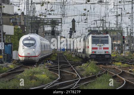 Arrivo ICE e partenza da Intercity, piazzale della stazione centrale di Colonia, Colonia, Renania settentrionale-Vestfalia, Germania, Europa Foto Stock