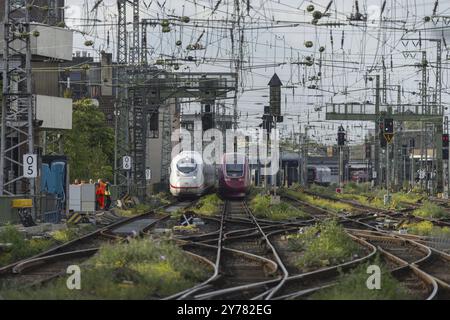 Arrivo ICE e partenza del treno Eurostar sulla strada per Parigi, binario della stazione centrale di Colonia, Colonia, Renania settentrionale-Vestfalia, Germania, UE Foto Stock