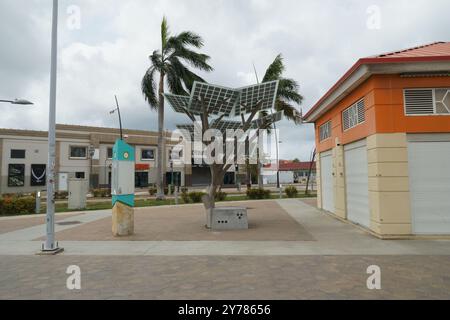 Albero futuristico con pannelli solari al posto delle foglie situato sulla strada con palme vive a Oranjestad, isola caraibica di Aruba. Foto Stock