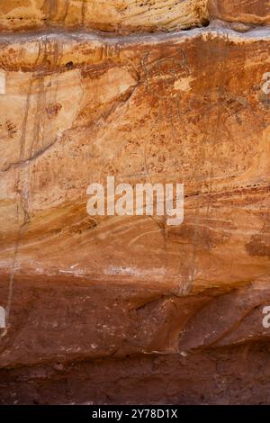 Incisioni rupestri, scrittura di immagini, al Medicine Lodge State Archaeological Park, Wyoming, Stati Uniti. Località artistica delle rocce di arenaria degli indiani delle pianure nordoccidentali. Foto Stock