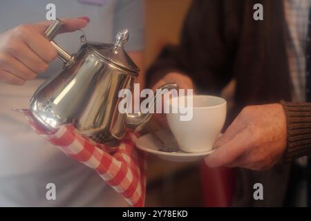 Mani che tengono in mano la teiera in acciaio inossidabile mentre versano la bevanda calda in una tazza di ceramica bianca con un panno a scacchi sottostante, per un ambiente accogliente e accogliente Foto Stock