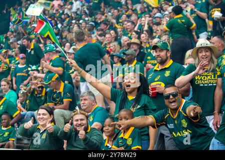 Mbombela, Sudafrica. 28 settembre 2024. Entusiasti tifosi dello Springbok durante la partita del Castle Lager Rugby Championship 2024 contro i Pumas a Mbombela Stadium Credit: AfriPics.com/Alamy Live News Foto Stock