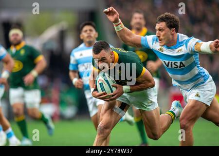 Mbombela, Sudafrica. 28 settembre 2024. Jesssie Kriel con il pallone durante il Castle Lager Rugby Championship 2024 match contro i Pumas a Mbombela Stadium Credit: AfriPics.com/Alamy Live News Foto Stock