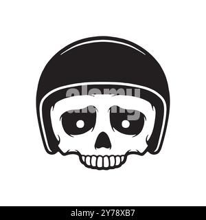 Illustrazione della testa del cranio nell'elmetto da moto. Cartoon biker cranio casco logo vettoriale. Isolato su sfondo bianco. Illustrazione Vettoriale