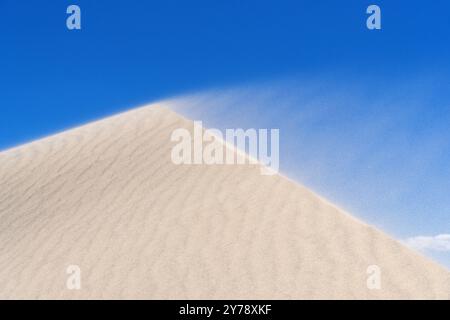 Sabbia che salta sul viso e spazza via la cresta di una grande duna di sabbia nelle dune di Eureka del Death Valley National Park in California Foto Stock