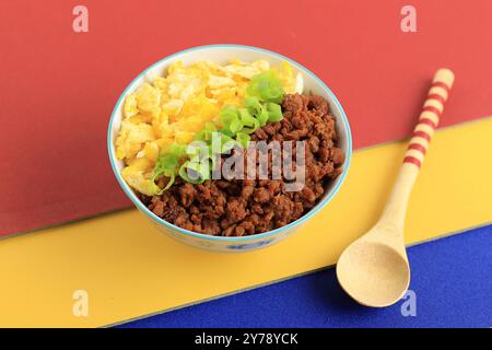 Primo piano della ciotola di riso Soboro di manzo piccante giapponese. Riso al vapore con uovo strapazzato, manzo tritato dolce e cipolla verde. Foto Stock