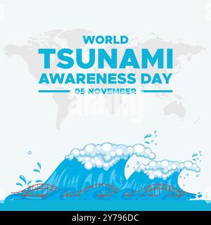 Giornata mondiale della consapevolezza dello tsunami, 05 novembre, biglietto d'auguri, illustrazione vettoriale della giornata mondiale della consapevolezza dello tsunami, modello modificabile. consapevolezza mondiale dello tsunami Illustrazione Vettoriale