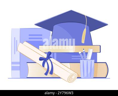 Diploma di laurea e diploma su Stack of Books for Knowledge, Graduation and Education Concept Illustration Illustrazione Vettoriale