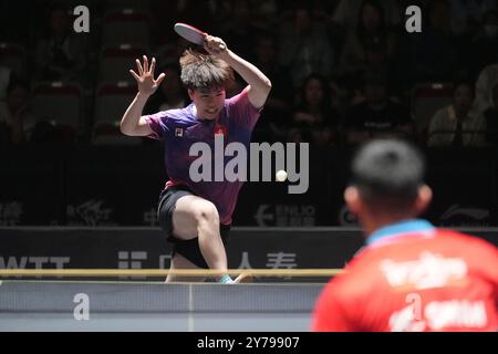 Nel primo turno dei preliminari del singolare maschile, il giocatore cinese di Hong Kong Chen Haohua (a sinistra) ha perso 2-3 contro il giocatore indiano Manasseh Shah. Pechino, Cina.26 settembre 2024.il World Table Tennis Professional League WTT China Grand Slam 2024 è partito al Shougang Park di Pechino il 26 settembre 2024.credito: Zhao Wenyu/China News Service/Alamy Live News Foto Stock