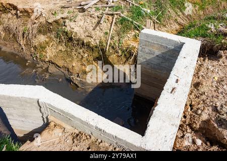 Pareti di cemento di un canale sotterraneo per un corso d'acqua che scorre sotto una strada Foto Stock