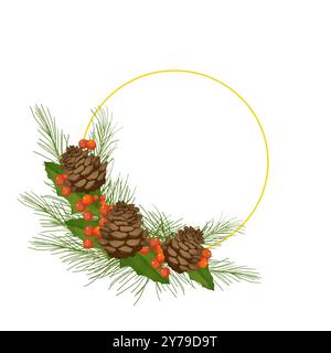 Cornice rotonda con sfondo bianco e bordo dorato, con rami di abeti, bacche rosse, coni e foglie di agrifoglio copia spazio illustrazione waterco digitale Foto Stock